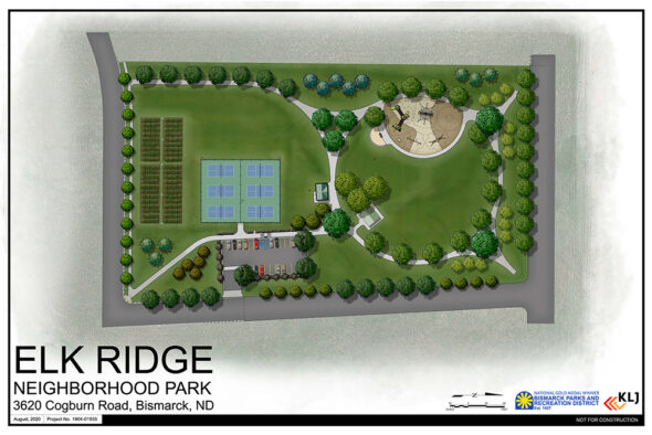 Elk Ridge Park Rendering, community gardens, parking lot, pickleball courts, bathrooms, walking trail and playground