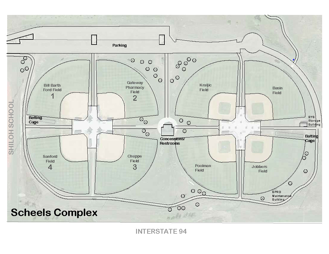 Map of eight baseball fields at Scheels Sports Complex