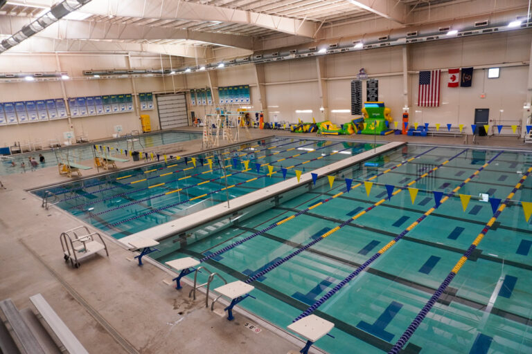 indoor pools with lane ropes and starting blocks
