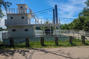 old steamboat along the bank of the Missouri River