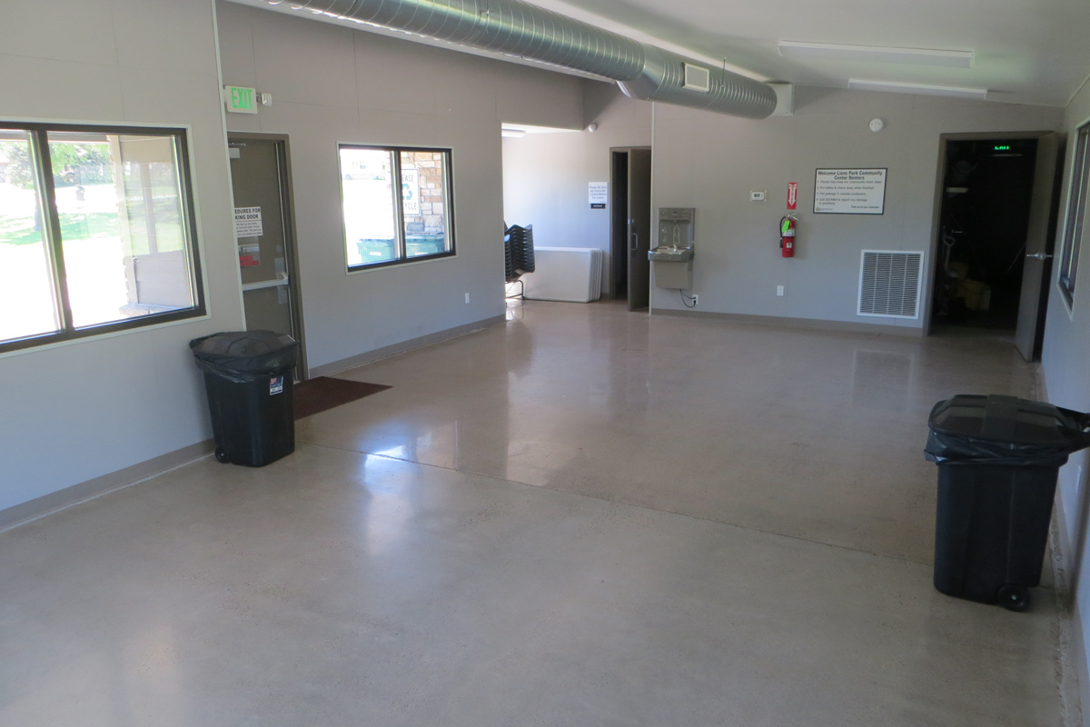 wide angle view of the interior of an indoor community center