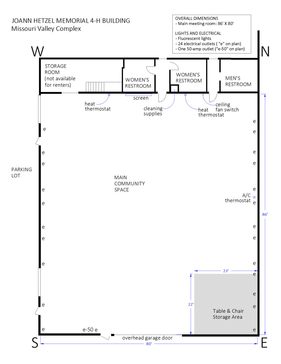 floor plan for Joann Hetzel Memorial 4-H Building showing dimensions and location of electrical outlets