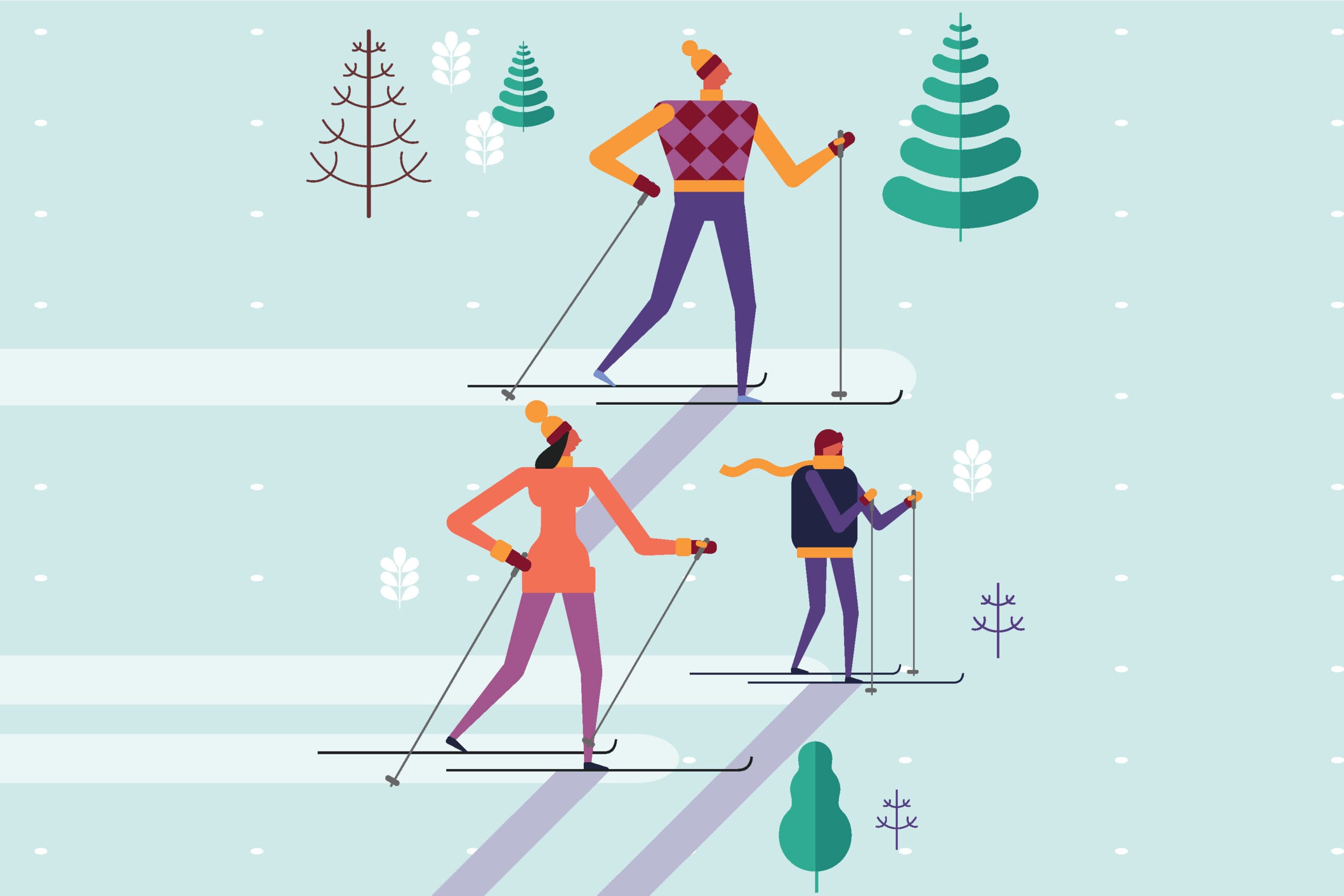 Luminary Ski Night 2026_Page_3 graphic of three people skiing surrounded by trees and snowflakes