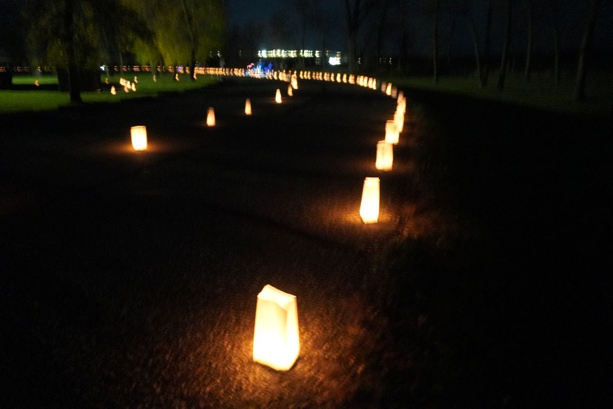 Luminary Walk 2023 lighted paper lanterns on the walking path at General Sibley Park for the Luminary Walk