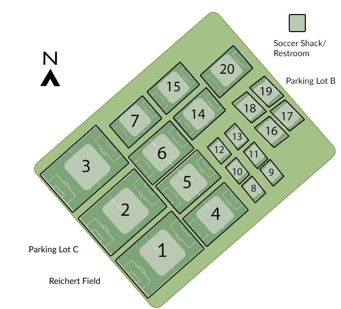 Map showing layout of fields 1-20 and with Parking Lot C to the West and Parking Lot B to the East of the fields.