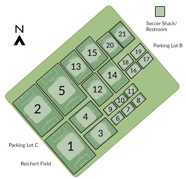Map showing layout of fields 1-20 and with Parking Lot C to the West and Parking Lot B to the East of the fields.