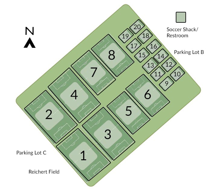 Map showing layout of fields 1-20 and with Parking Lot C to the West and Parking Lot B to the East of the fields.