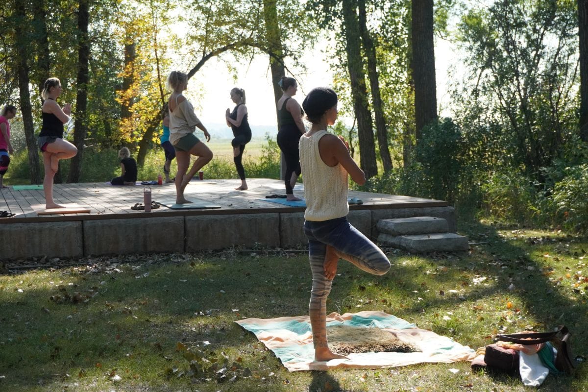 people doing a tree pose during Yoga in the Park