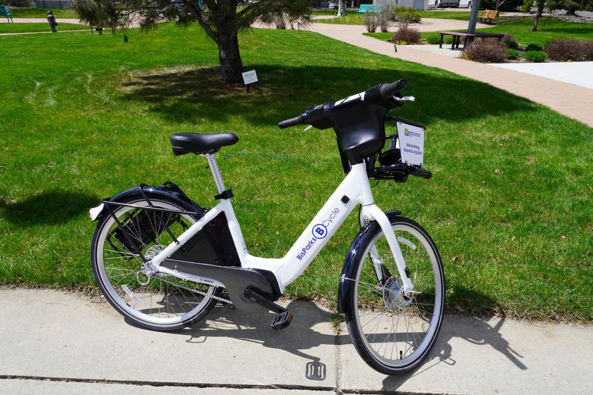 A white and black pedal assist e-bike in a park.