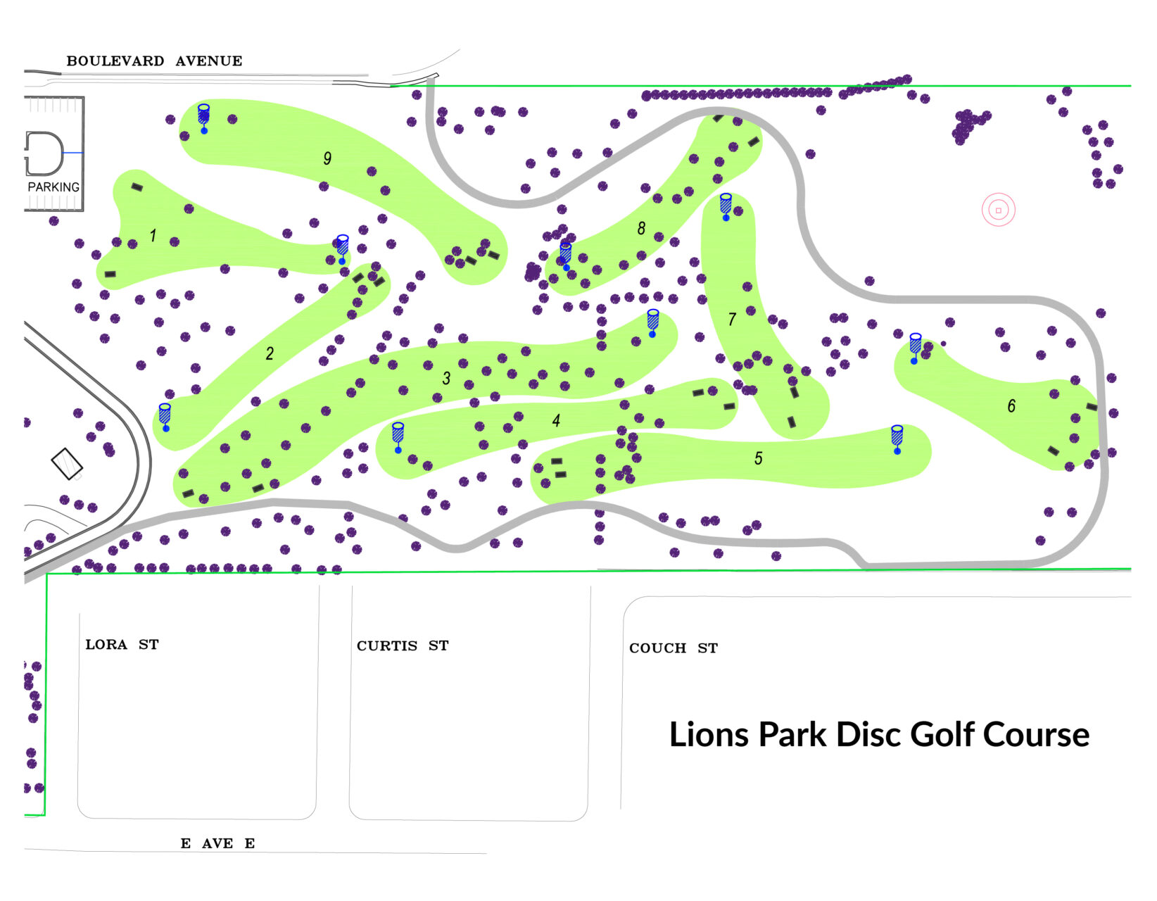 Lions Park Disc Golf Course map of 9 holes