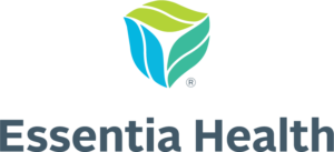 Essentia Health with a graphic above it that is green, light green, and blue