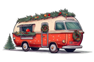 A retro camper decked out for Christmas with wreaths, ornaments, and a Christmas tree.