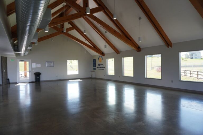 Wide angle view of Farwest Rotary Community Center facing the picnic shelter area.