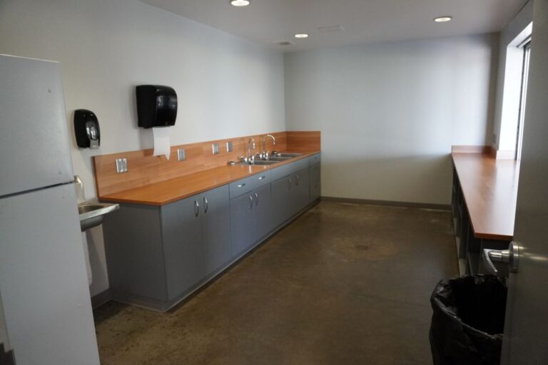 kitchenette with a fridge, sinks, counter, cabinet space, and a serving window