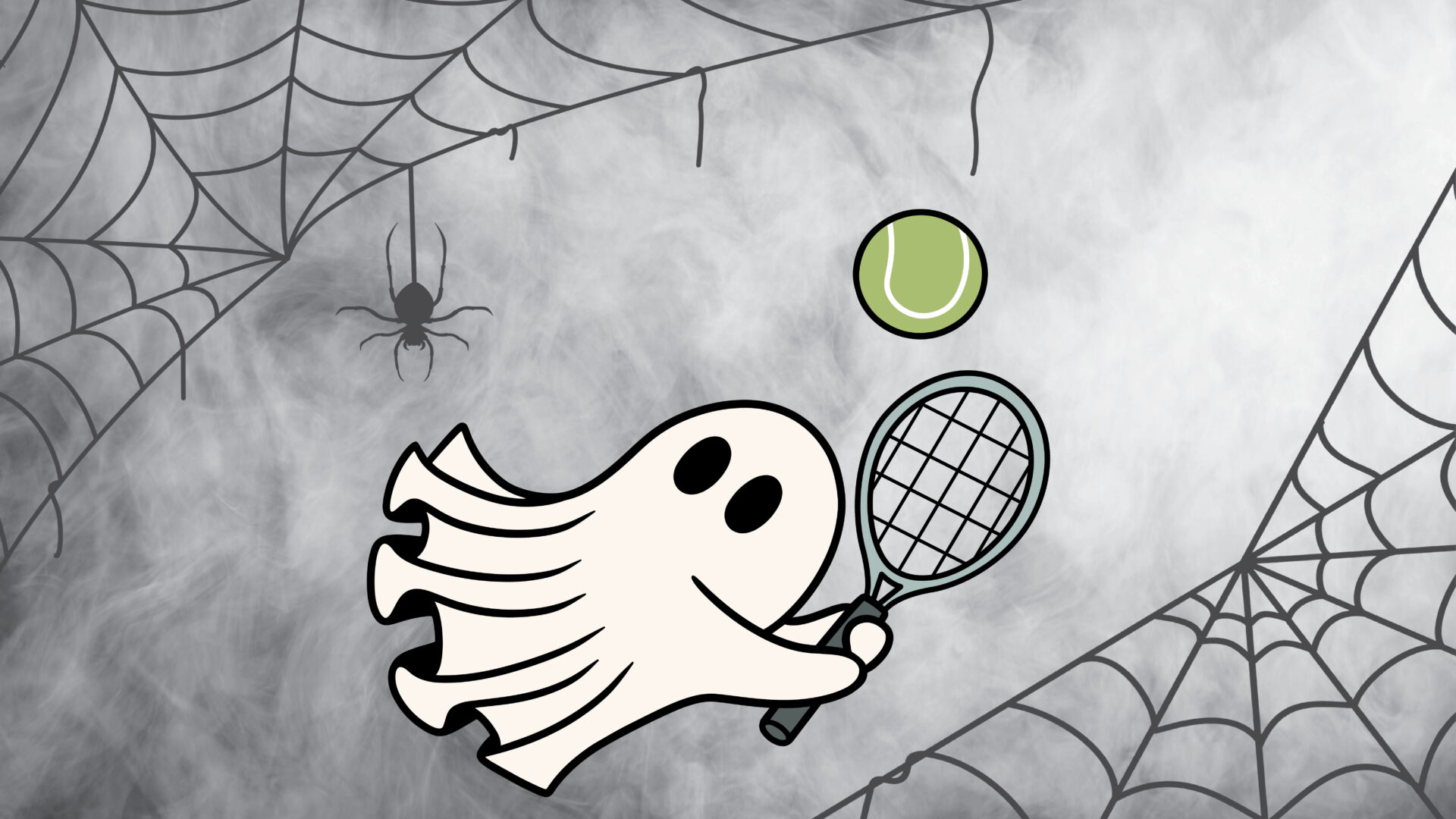 A ghost playing tennis surrounded by spider webs and a spider dangling from the web on the ghost's left side.