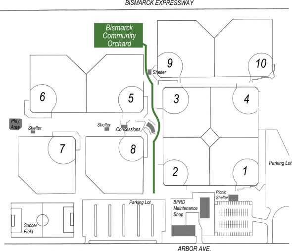 Location map of where to find the Community Orchard.