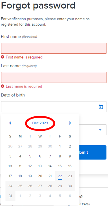 Screenshot of forgot password screen to enter birthdate