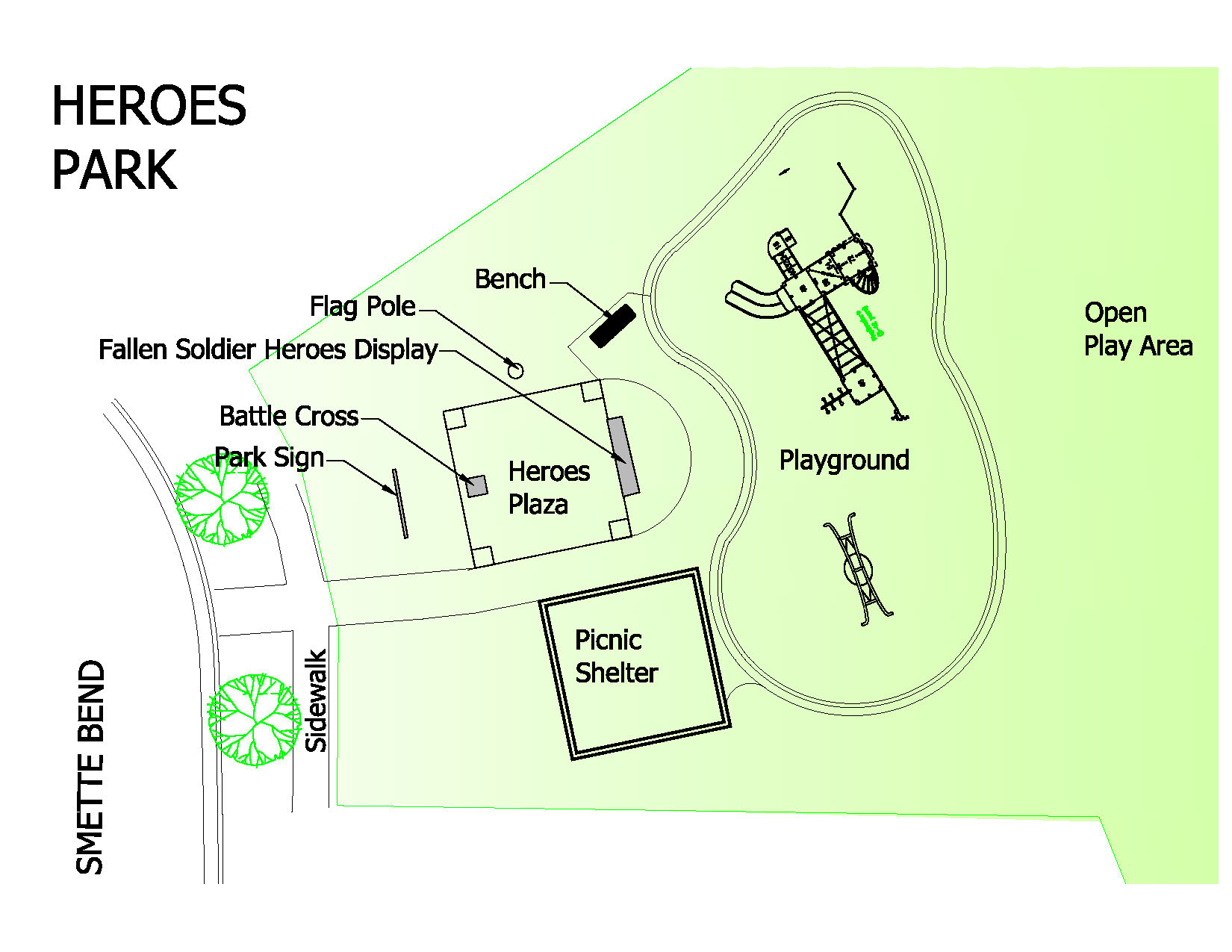 Map of Heroes Park showing amenities including Heroes Plaza (Battle Cross, Flag Pole, Fall Soldier Heroes Display), playground, picnic shelter and open play area.