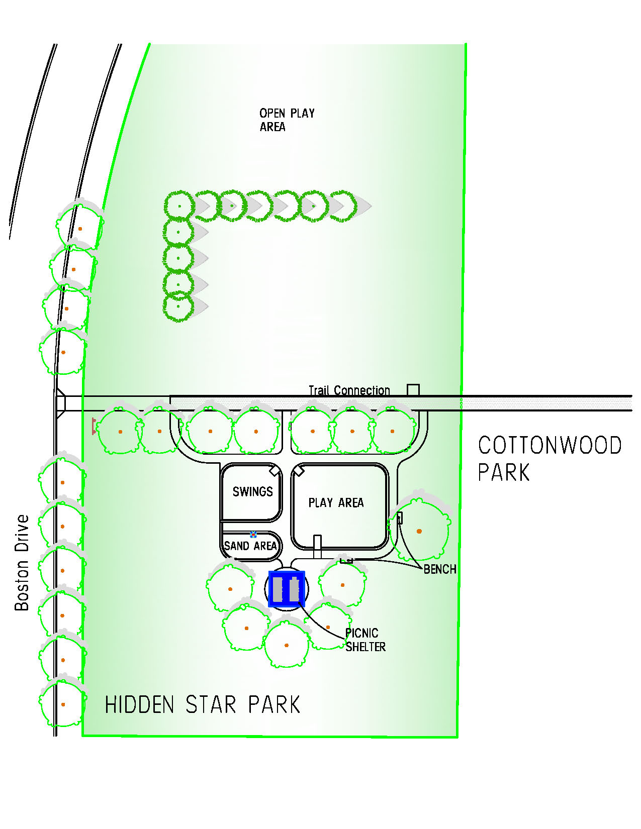 Map of Hidden Star park highlighting features including play area, swings, sand area, picnic shelter, open play area and trail connection.