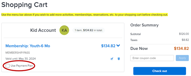 Screenshot of online Shopping Cart showing the Use Payment Plan checkbox for memberships to fitness facilities