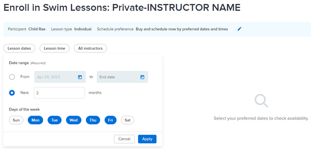Screenshot of options for private swim lesson availability