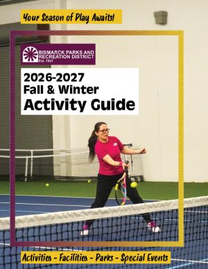 2027-2027 Fall & Winter Activity Guide cover featuring an adult hitting a tennis ball over a net at CRFC